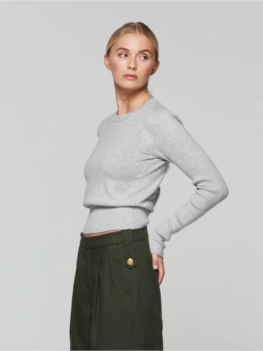 Serena Bute Pointelle Fitted Jumper Sweater Women Gray Small Cashmere Cotton NWT